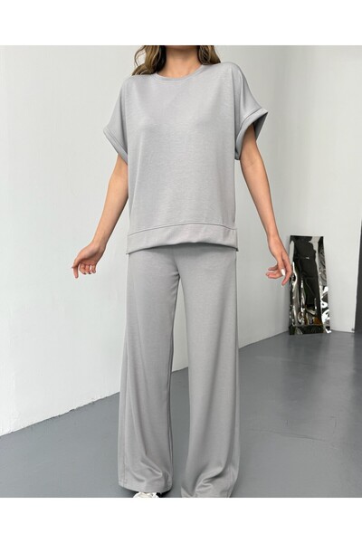 FA Butiq Women's Pique Wide Leg Short Sleeve Gray Tracksuit Set