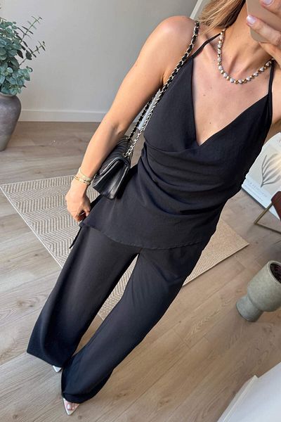 Sue Store Set pantaloni bluză asimetrică cu gât negru
