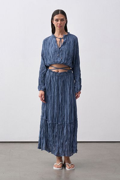 mathilda store Women's Blue Kraş Textured Skirt Blouse Set