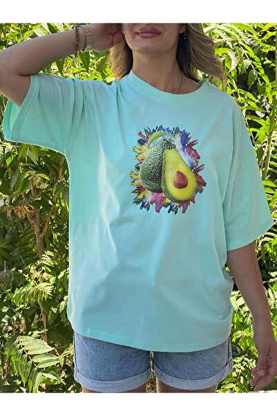 Afri Tricou pentru femei, culoare verde mentă, avocado cu imprimeu supradimen...