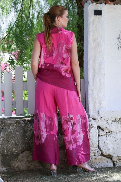 Chiccy Italian Fuchsia Jacket Collar Sleeveless Patterned Buttoned Pockets Linen Woven Bottom Top Suit 58-119 56-84