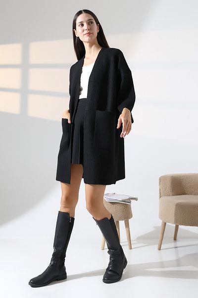 ALCHON V-Neck Ribbed Selanchik Knitted Double Pocket Half 3/4 Sleeve Midi Length Winter Knitwear Cardigan