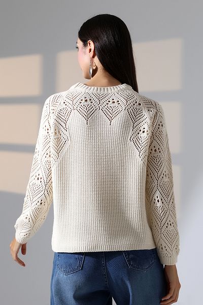 ALCHON Round Neck Long Sleeve Openwork Hollowed Rice Knit Simple Elegant Basic Knitwear Sweater