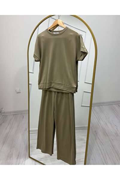 FA Butiq Women's Pique Wide Leg Short Sleeve Khaki Sweatpants Set