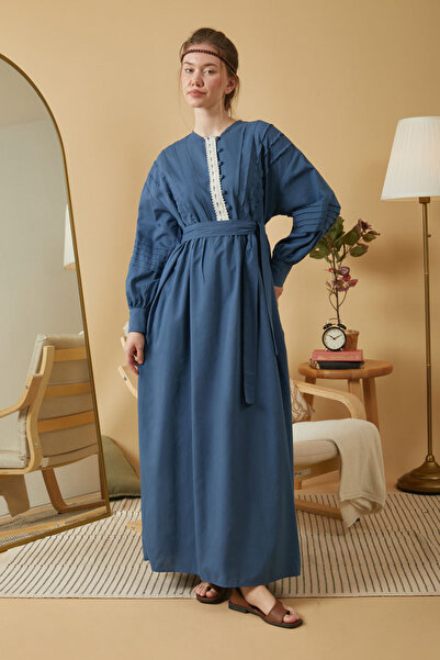 ZÜLAYS Dantelli Nervür Detaylı Elbise İndigo