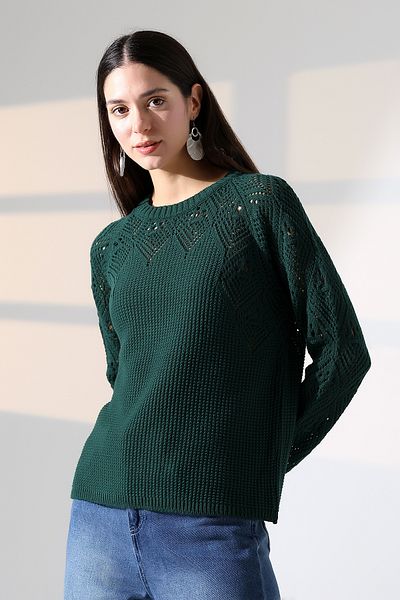 ALCHON Round Neck Long Sleeve Openwork Hollowed Rice Knit Simple Elegant Basic Knitwear Sweater