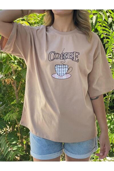 Afri Γυναικείο μπλουζάκι μπεζ με τύπωμα oversized – Μοτίβο καφέ, βαμβακερό άν...