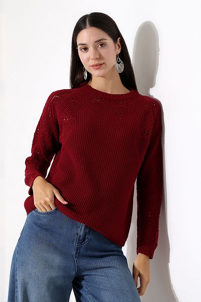 ALCHON Round Neck Long Sleeve Openwork Hollowed Rice Knit Simple Elegant Basic Knitwear Sweater