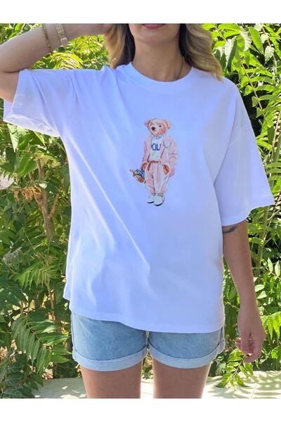 Afri Tricou alb cu imprimeu supradimensionat pentru femei – model urs cu pant...