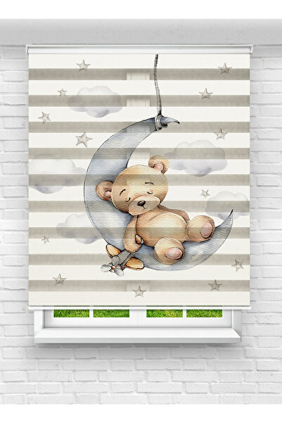 Ay Işığım Ay Üzerinde Uyuyan Ayıcık Desenli Zebra Stor Perde - Bebek ve Çocuk Odası İçin Sevimli Tasarım