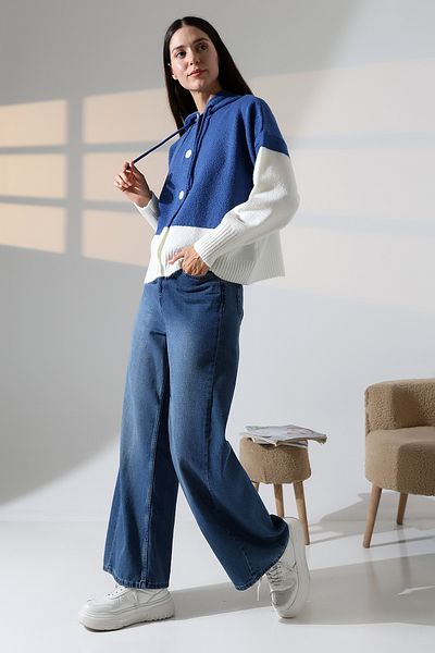ALCHON Gât în ​​V Glugă șiret Mânecă lungă Două culori Panouri Nasturi Design moale Texturat Tricotaj elegant Cardigan