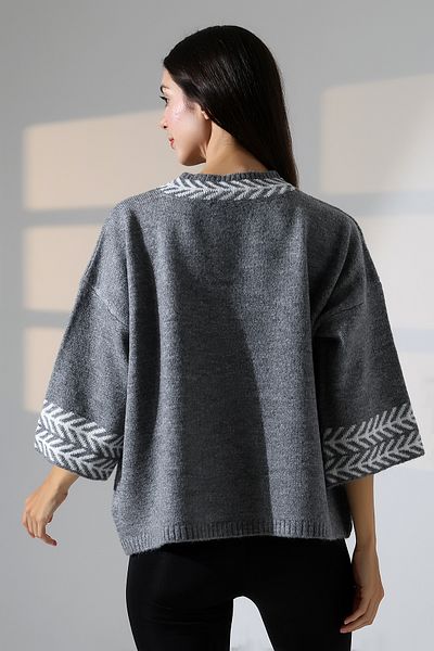 ALCHON Round Neck Half 3/4 Sleeve Patterned Jacquard Panel Loose Comfortable Basic Stylish Elegant Knitwear Sweater