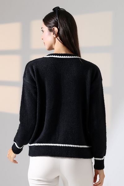ALCHON Round Neck Long Sleeve Bow Tie Button Striped Stripe Pile Soft Textured Knitwear Cardigan
