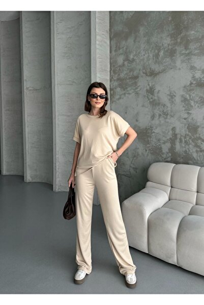 FA Butiq Women's Pique Wide Leg Short Sleeve Vision Tracksuit Set