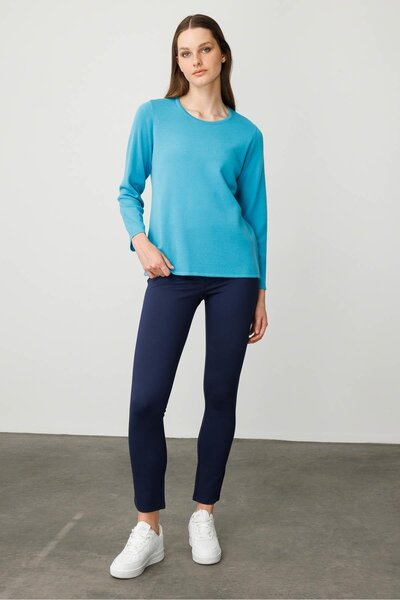 Desen Triko Γυναικεία μακρυμάνικη μπλούζα με λαιμόκοψη Basic μάλλινη K.Turquoise