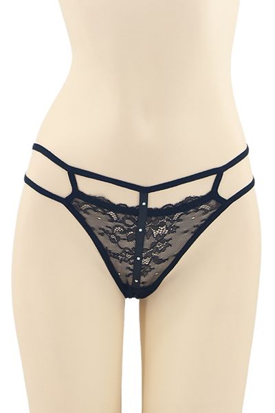 OEM Sexy thong panties with contrasting lace inserts and decorative rhinestone details, DZK-2162