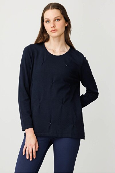 Desen Triko Жіноча блуза з нульовим коміром, плісирована спереду, з бісером та ліграном, темно-синя