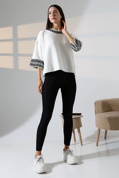 ALCHON Round Neck Half 3/4 Sleeve Patterned Jacquard Panel Loose Comfortable Basic Stylish Elegant Knitwear Sweater