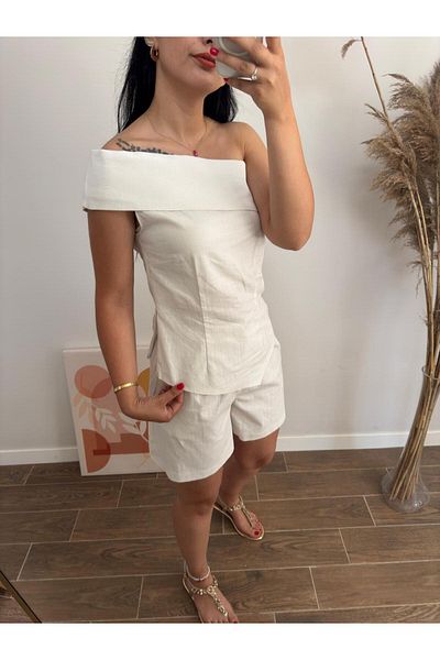 DUSOHOME One Shoulder Blouse Shorts Linen Set