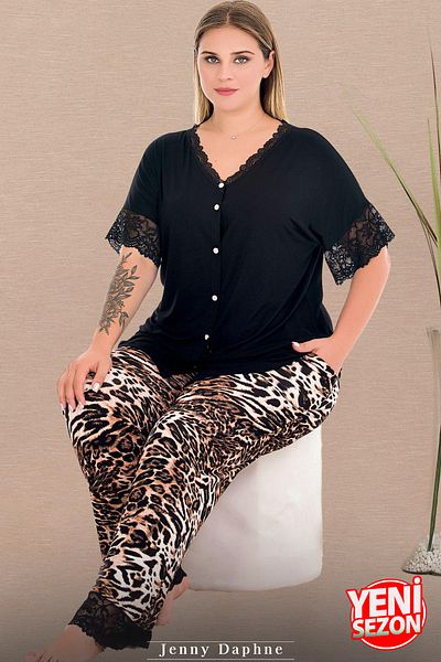 Jenny Daphne Lady Plus Size Leopard Print Sleepwear με κουμπιά μπλούζα και πόδια με δαντέλα Σετ πιτζάμες 11012