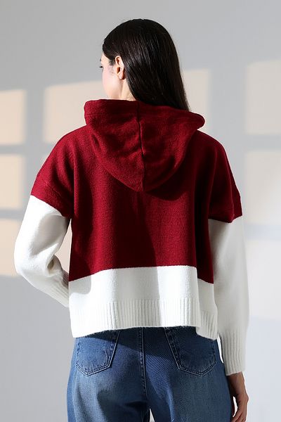 ALCHON V-Neck Hooded Lace-Up Long Sleeve Two-Color Panel Button Soft Texture Design Stylish Knitwear Cardigan