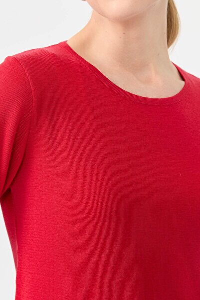 Desen Triko Women's O-Neck Long Sleeve Basic Wool Blouse A.Red