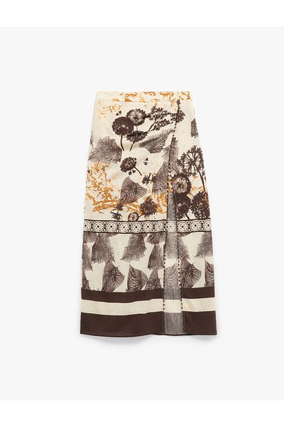 Koton Viscose Linen Blended Slit Detailed Patterned Long Skirt