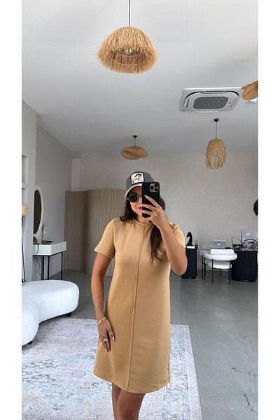 Buket Teke Camel Crew Neck Striped Dress