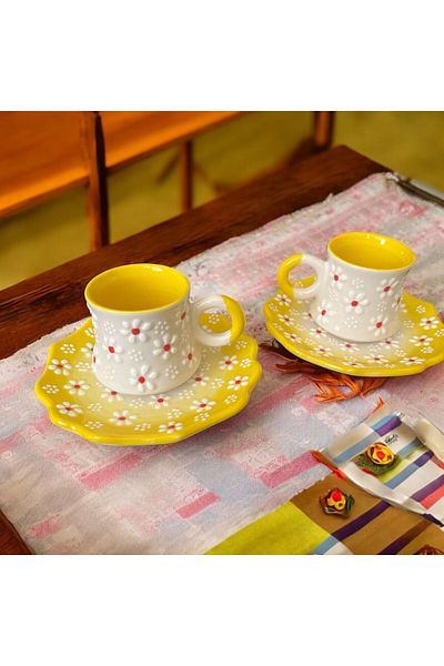 WPAWZ Handmade Embossed Flower Patterned Cup Set for 2 People