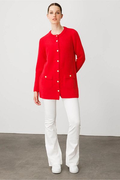 Desen Triko Women's Crew Neck Metal Button Araboy Aphrodite Knitwear Jacket Y.Red