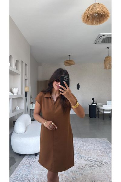 Buket Teke Brown Polo Neck Striped Dress