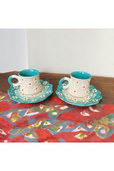 WPAWZ Handmade Embossed Flower Patterned Cup Set for 2 People