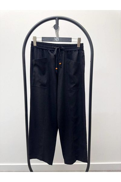 Maldia Shop Women's Elastic Waist Aegean Black Oversize Linen Trousers