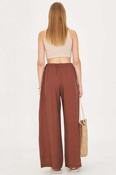 armonika Women's Brown Elastic Waist Pocket Tie Detail Loose Trousers Arm-25Y001077