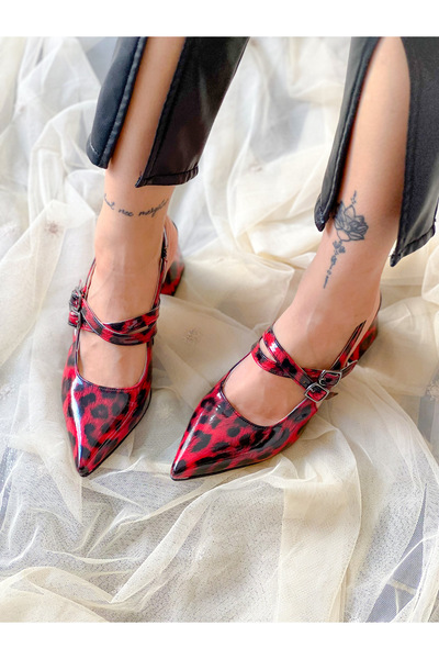 BERFONA Veroni̇ka Red Leopard Patent Leather Banded Buckle 5 cm Heel Sandals