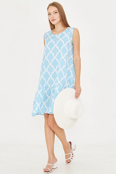 armonika Rochie cu volane pentru femei, cu model albastru-ecru, fără mâneci ARM-22K001142