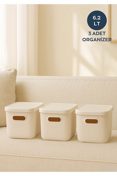 HOMİNG 3 Pieces Organizer Organizer Ecru Box with Lid 6.2Lt