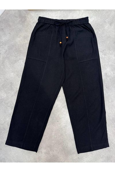 Maldia Shop Women's Elastic Waist Aegean Black Oversize Linen Trousers