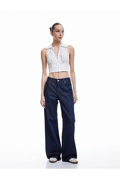 Koton New Season Zippered Cotton Slim Fit Shirt Collar Sleeveless Crop Blouse