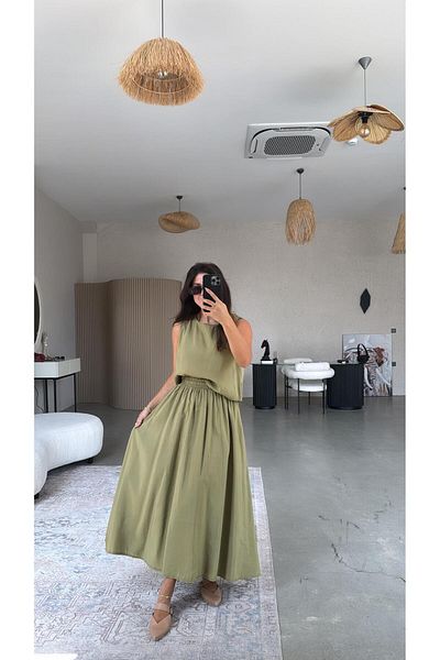 Buket Teke Khaki Skirt Blouse Draped Suit