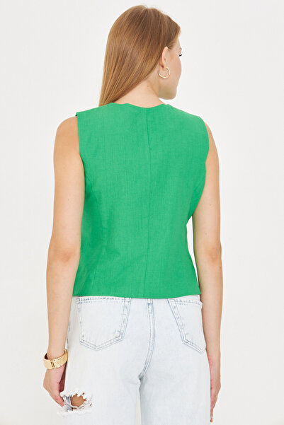 armonika Women's Light Green V-Neck Body-Fitting Linen Look Lined Vest Arm-24Y001111