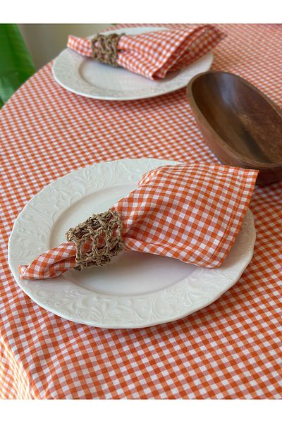Decamor home 6Pcs Thin Linen Fabric Orange Gingham Napkin