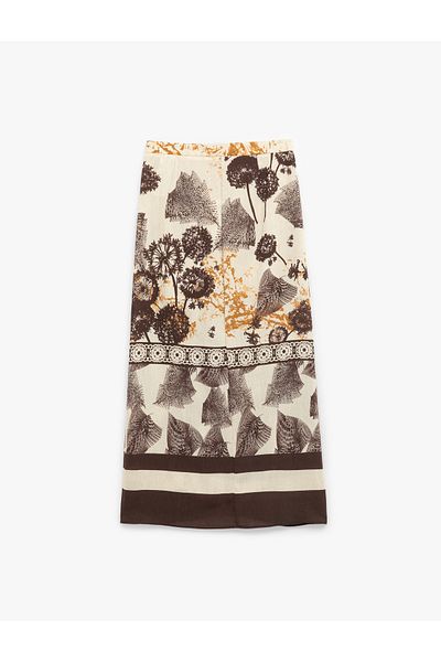 Koton Viscose Linen Blended Slit Detailed Patterned Long Skirt