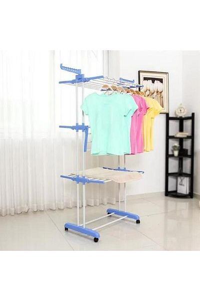 Dexia Foldable clothes dryer with 3 levels, double support, lockable wheels, blue, 177 x 76 x 55 cm