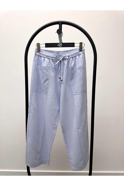 Maldia Shop Women's Elastic Waist Aegean Baby Blue Oversize Linen Trousers