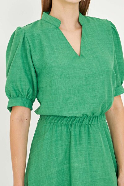 armonika Γυναικείο πράσινο φόρεμα με λαιμόκοψη V με ελαστική μέση κοντομάνικο φόρεμα ARM-25Y001001