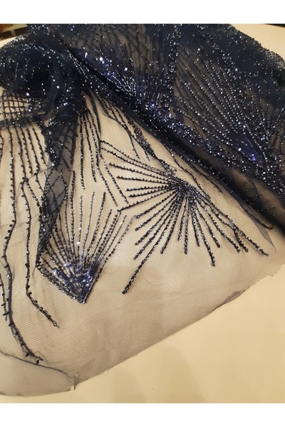 Safir Kumaş Top sonu Kalmış 1 Metre Lacivert İşlemeli Dantel