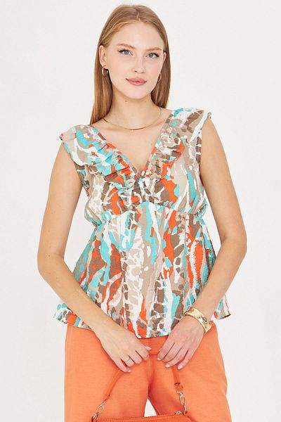 armonika Women's Turquoise V-Neck Ruffled Collar Elastic Waist Blouse Arm-25Y001076