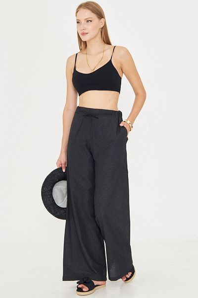armonika Women's Black Linen Look Elastic Waist Pocket Lacing Detailed Lined Loose Trousers Arm-25Y001078