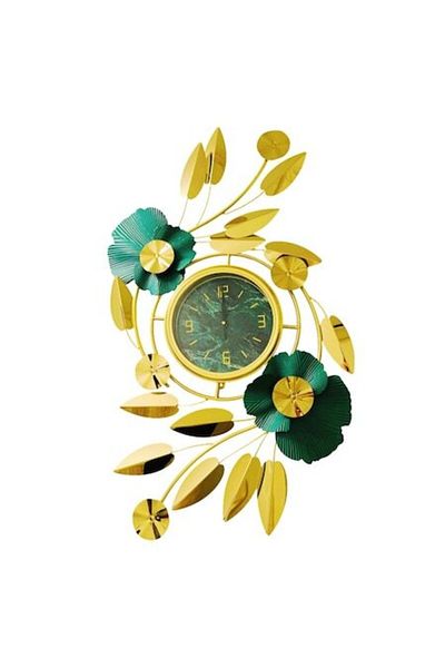 BLA BLA FOAM Floral Wall Decoration Clock, Metal, Luxury, Green/Gold, 100x60 cm